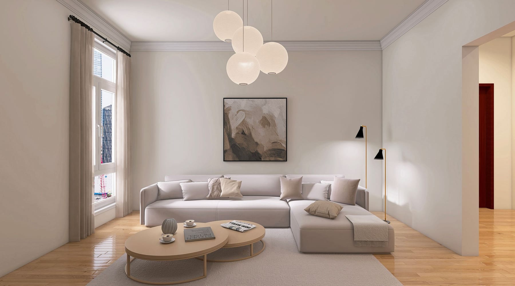 Heller Wohnraum mit Parkettboden, Sofa und großen Fenstern